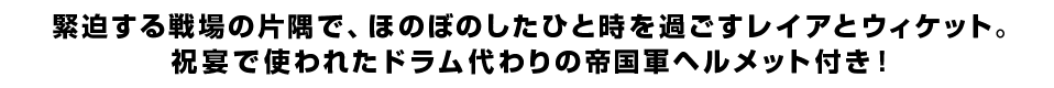 緊迫する戦場の片隅で、ほのぼのしたひと時を過ごすレイアとウィケット。 祝宴で使われたドラム代わりの帝国軍ヘルメット付き！